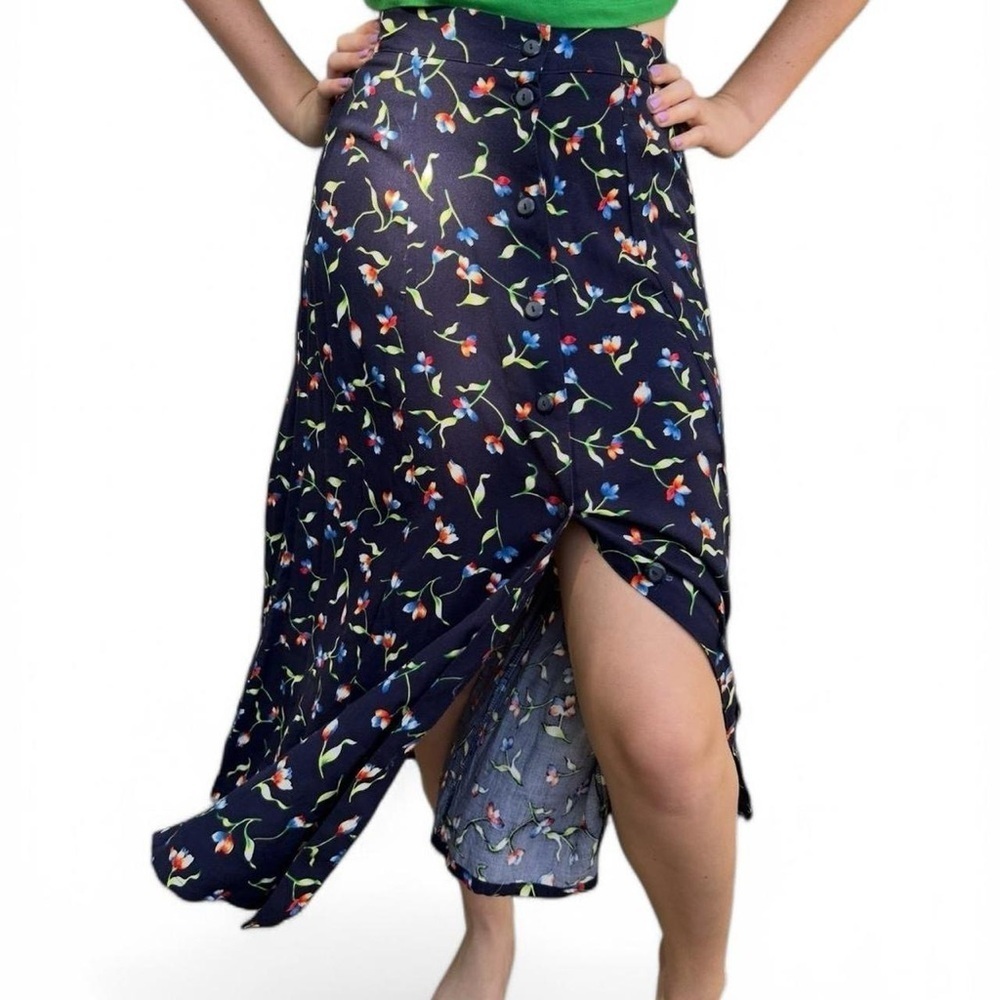 Vintage Navy Floral Midi Skirt - Button Down Cottagecore Dream (Size M)